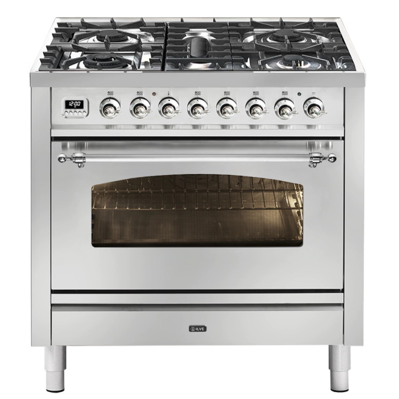 ILVE Nostalgie Freestanding Cooker Gloss Black Gold Brass 90cm