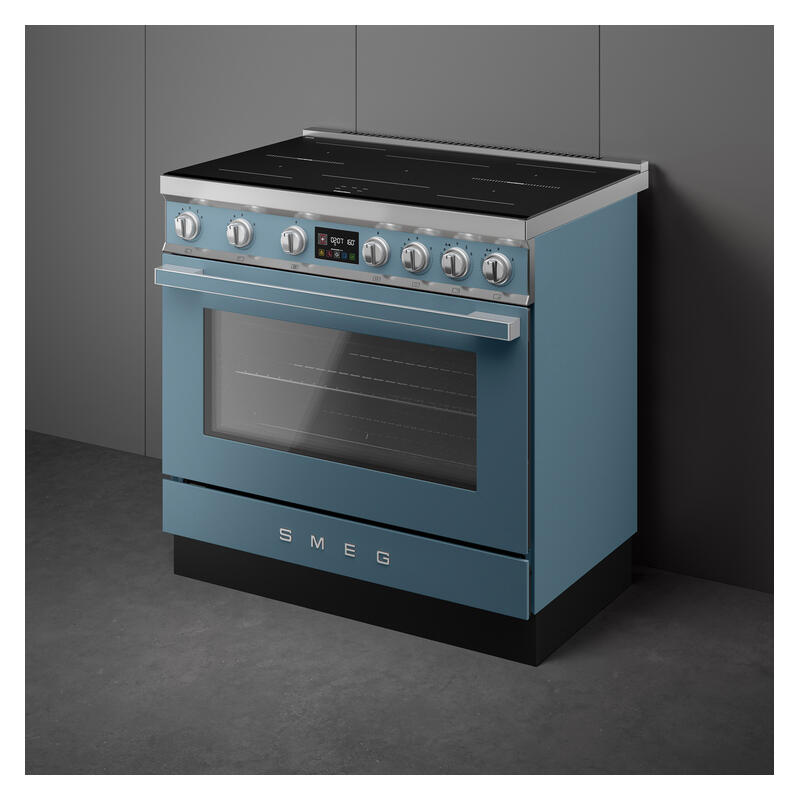 Smeg 90cm Portofino Induction Pyrolytic Freestanding Oven - Storm Blue - Image 2